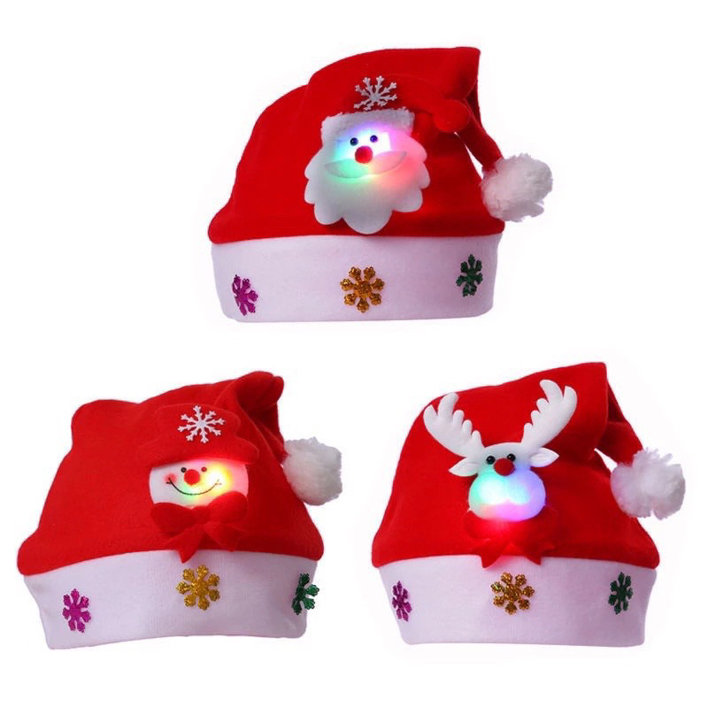 Nón noel có đèn Led phát sáng vải nỉ, mũ ông già noel Người Tuyết Tuần Lộc, Mũ giáng sinh cho trẻ em, người lớn
