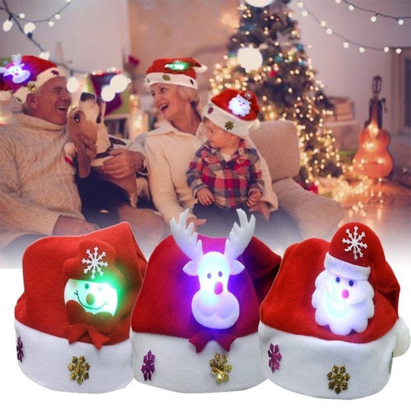 Nón noel có đèn Led phát sáng vải nỉ, mũ ông già noel Người Tuyết Tuần Lộc, Mũ giáng sinh cho trẻ em, người lớn
