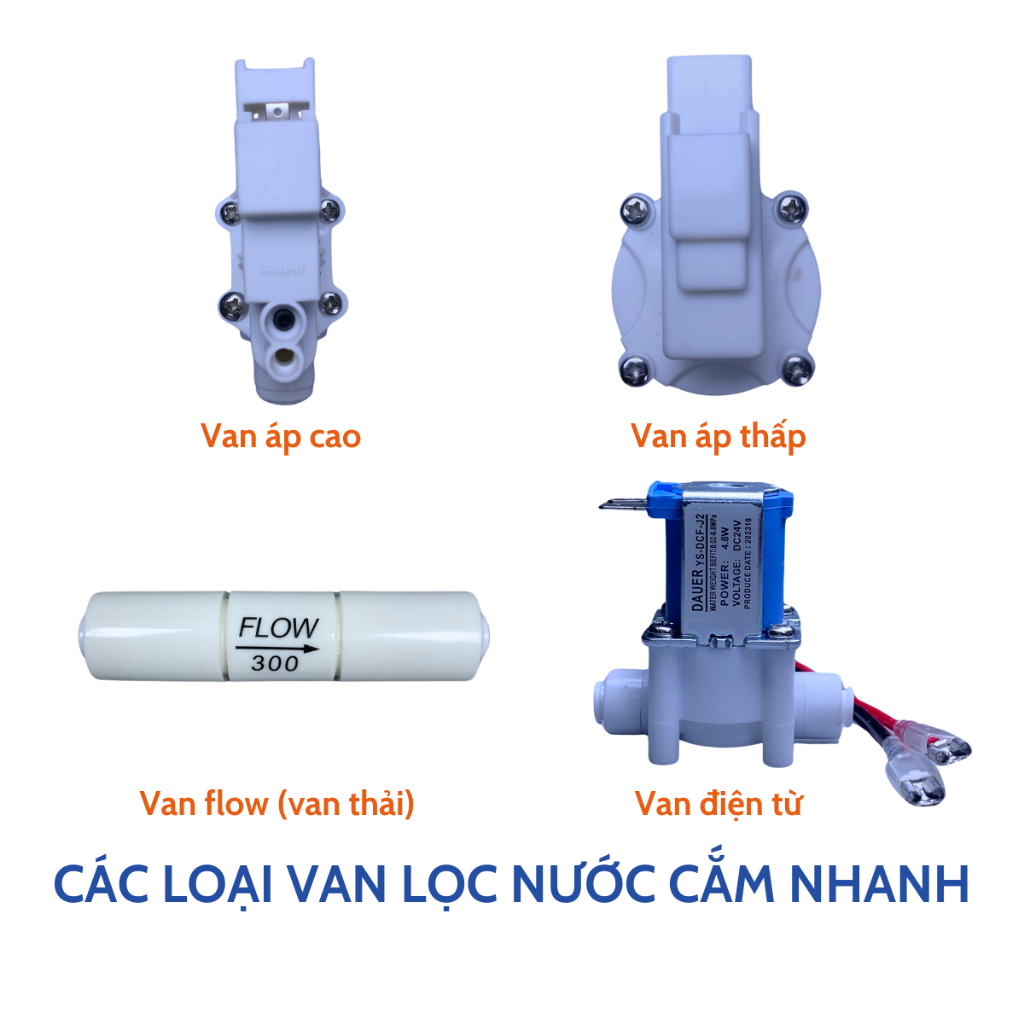 Van Áp Cao, Van Áp Thấp, Van Điện Từ, Van Thải Flow 300 Dây Nối Nhanh Phi 6 Cho Máy Lọc Nước RO