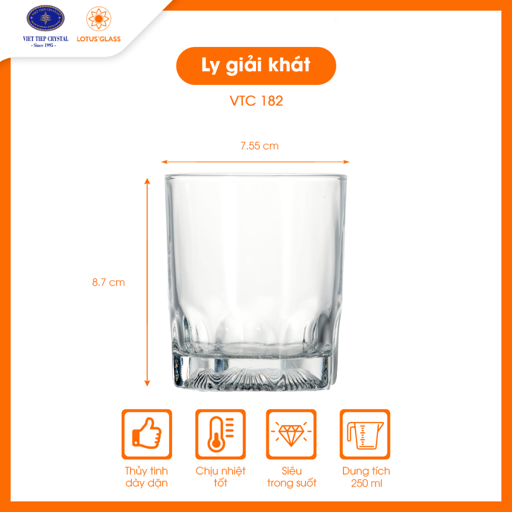 Bộ 6 cốc thủy tinh uống nước LOTUS GLASS VTC182 trong suốt cao cấp, an toàn, dùng cho các loại đồ uống gia đình