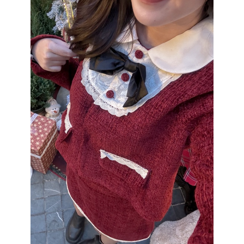 ERA TWEED SET - Set dạ tweed tiểu thư cổ bèo viền ren bazizcloset ẢNH THẬT