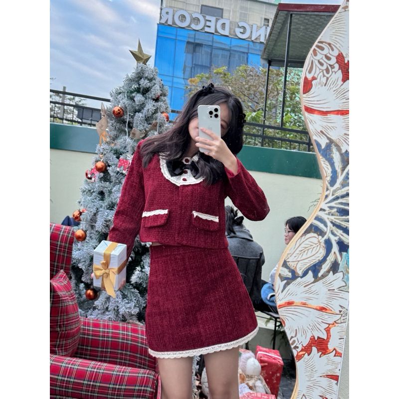 ERA TWEED SET - Set dạ tweed tiểu thư cổ bèo viền ren bazizcloset ẢNH THẬT