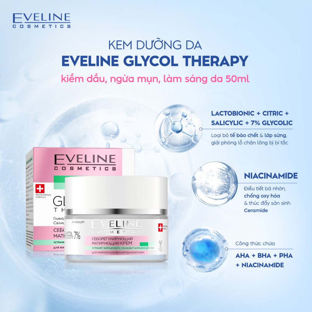 Kem Dưỡng Da Eveline Glycol Therapy Kiềm Dầu Ngừa Làm Sáng Da 50ML