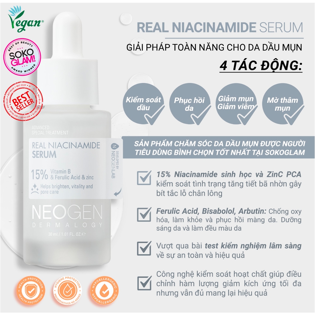 Serum Hoạt Chất Sinh Học Neogen Dermalogy Real Vitamin C / Peptide / Niacinamide / Retinol / Bakuchiol / HA 30ml