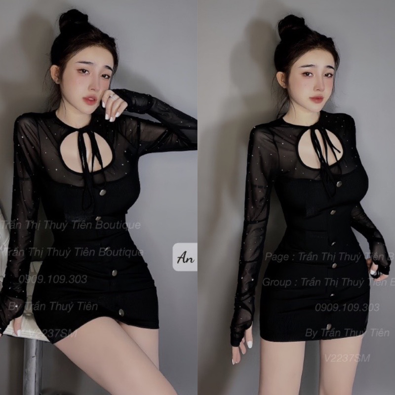 Đầm Body Tăm Lạnh Đính Hàng Cúc Tay Dài Phối Lưới Đá Khoét Cổ