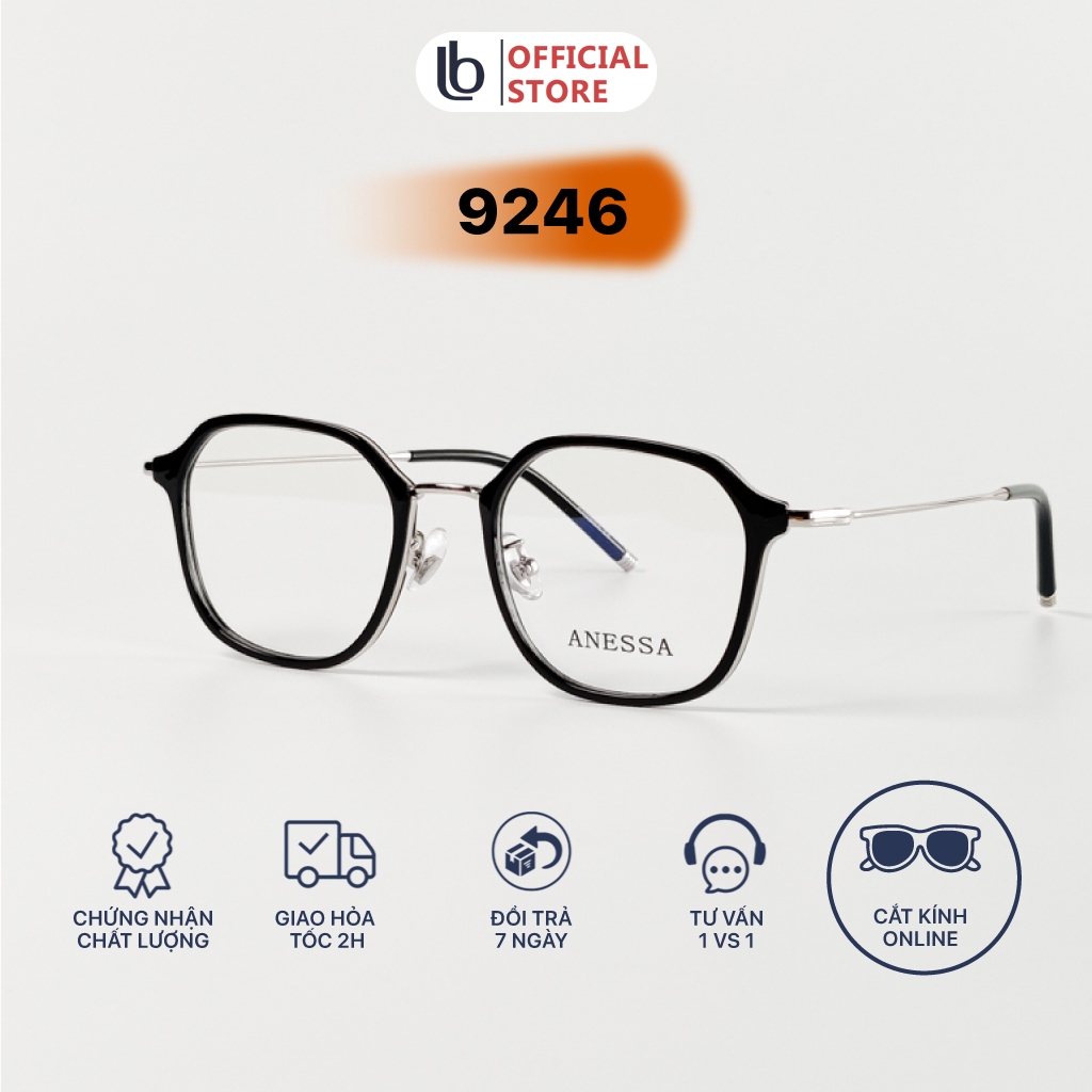 Kính không độ nam nữ LB Eyewear 9246 gọng vuông bầu chất liệu nhựa viền kim loại, thời trang, không đau tai