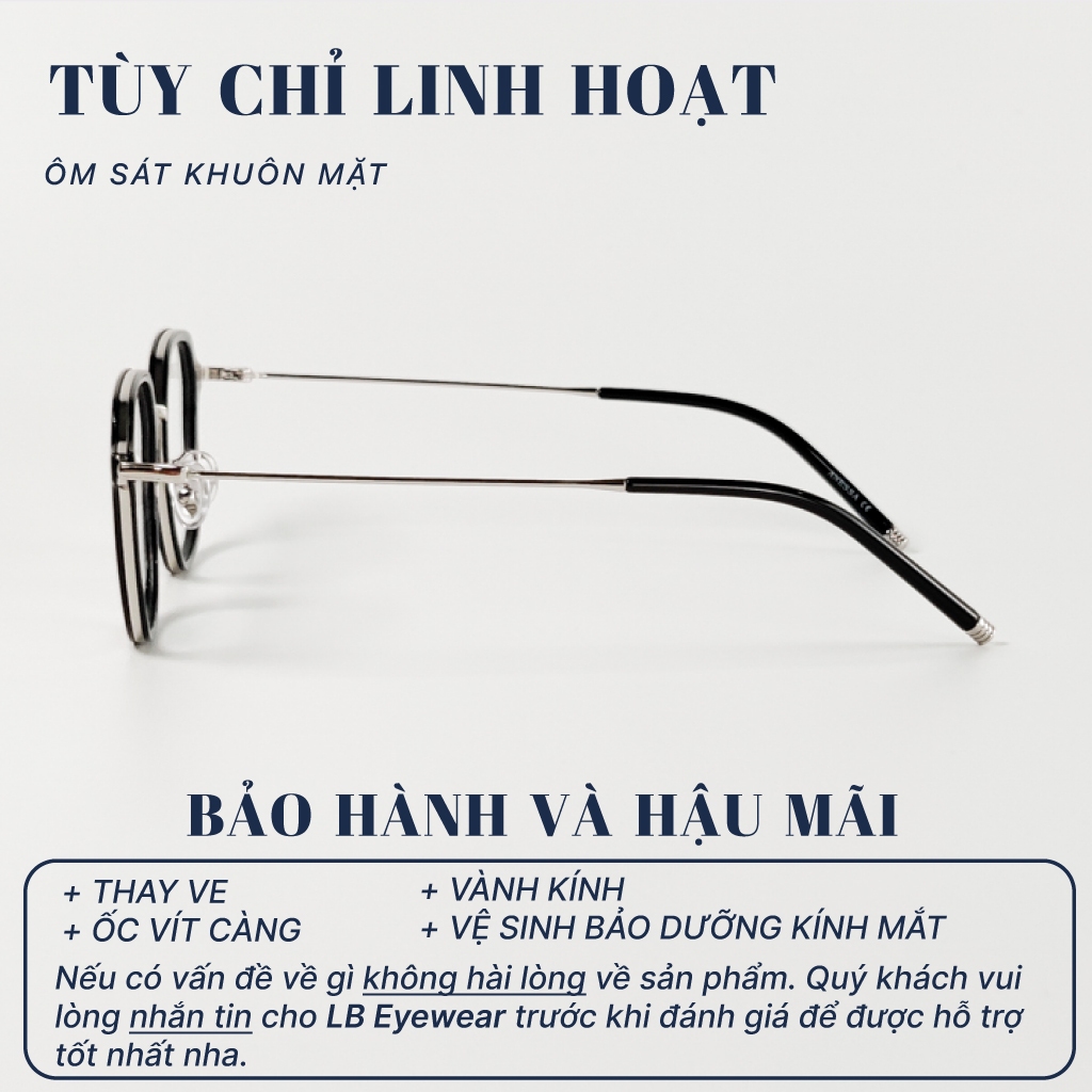 Kính không độ nam nữ LB Eyewear 9246 gọng vuông bầu chất liệu nhựa viền kim loại, thời trang, không đau tai