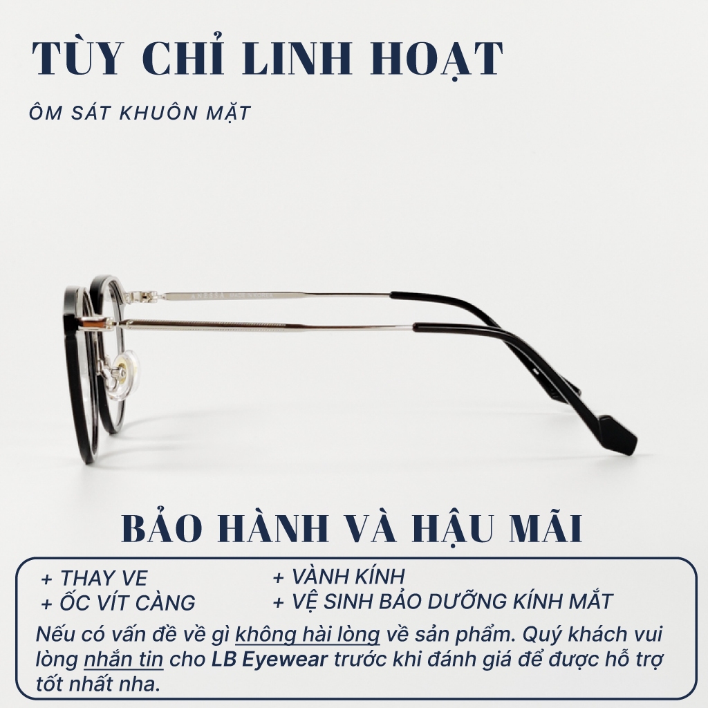 Gọng kính tròn không độ LB Eyewear 72077 chất liệu nhựa viền kim loại gia cố, ôm mặt, nhẹ, không gây đau tai thời trang