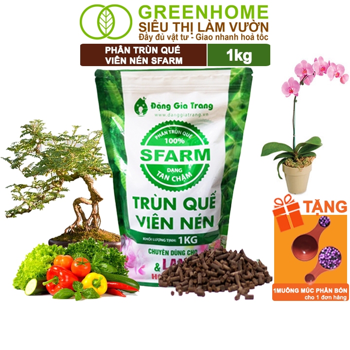 Phân Trùn Quế Viên Nén Greenhome, Sfarm, Bao 1kg, Dinh Dưỡng Hữu Cơ, Không Mùi, Tốt Cho Lan, Bonsai, Rau, Cây Ăn Trái