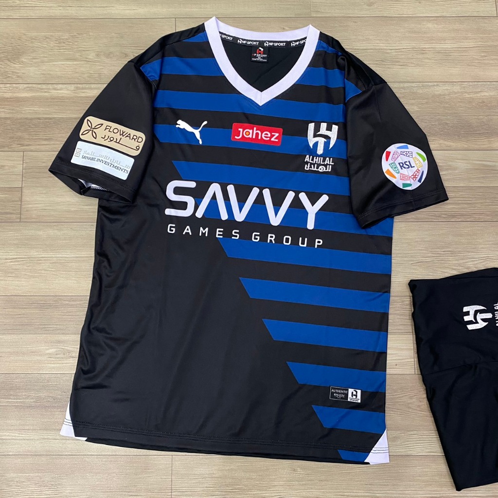 Bộ quần áo bóng đá Al Hilal đen sọc xanh sân khách 2024 HP FLG
