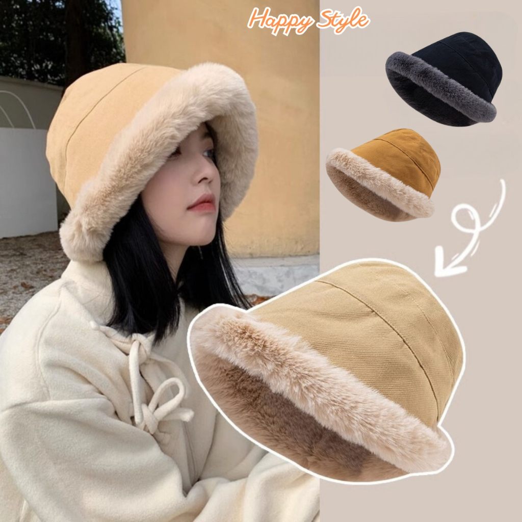 Mũ Bucket Phối Viền Lông ❤️ Nón Tai Bèo Trơn Lót Lông Cừu Mùa Đông Ấm Áp Form Unisex Nam Nữ N208