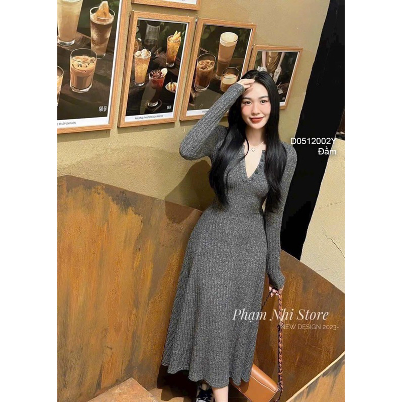 Đầm len xòe tay dài ngực phối nút, váy xòe cổ tròn sang trọng VIENS STORE