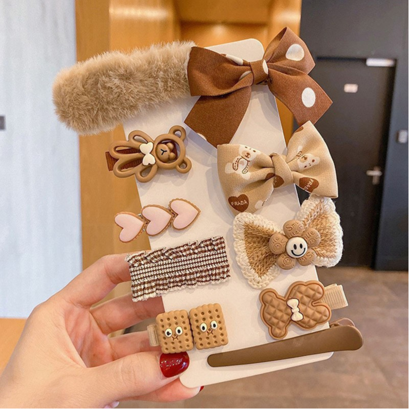 Bộ 9-10 kẹp tóc hình hoạt họa nhồi bông, phối nơ phong cách Hàn Quốc xinh xắn cho bé
