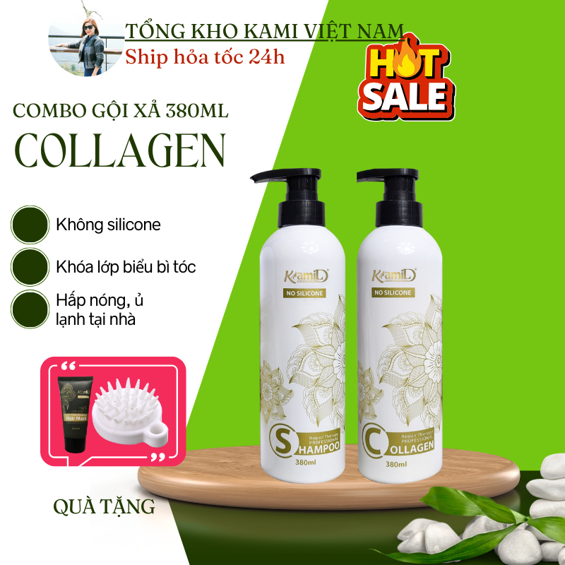 Combo gội xả collagen phục hồi tóc không chứa silicone Kami 380ml chính hãng