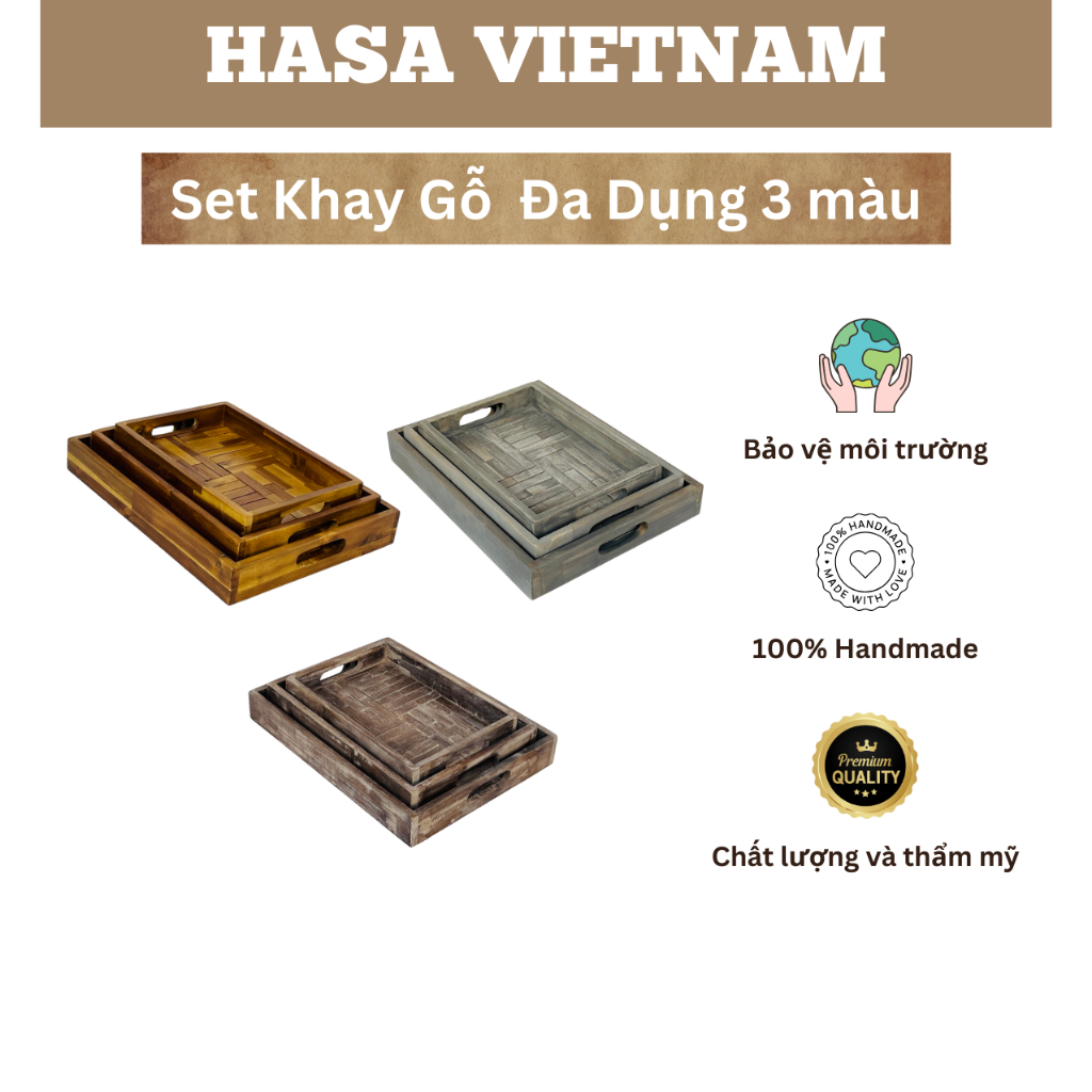 HASA- Khay gỗ Tràm có tay cầm, 3 màu sắc, 3 kích thước, 100% handmade
