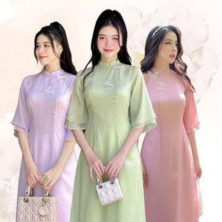 Áo dài cách tân Ngọc Diệp , áo dài đẹp 4 tà cổ 2,5cm tròn tay loe 2 lớp chất liệu voan tơ mềm