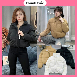 Áo phao nữ nhung lì áo phao có dây rút dáng ngắn áo khoác phao nữ crotop áo phao béo mùa đông không mũ 3 màu đen,đông