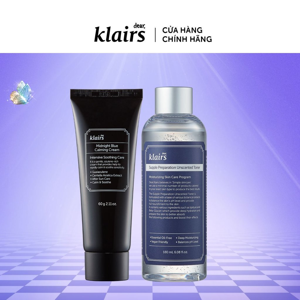 Combo Nước hoa hồng Dear, Klairs Supple Preparation Unscented Toner 180ml và Kem dưỡng Dear, Klairs Midnight Blue Calmin