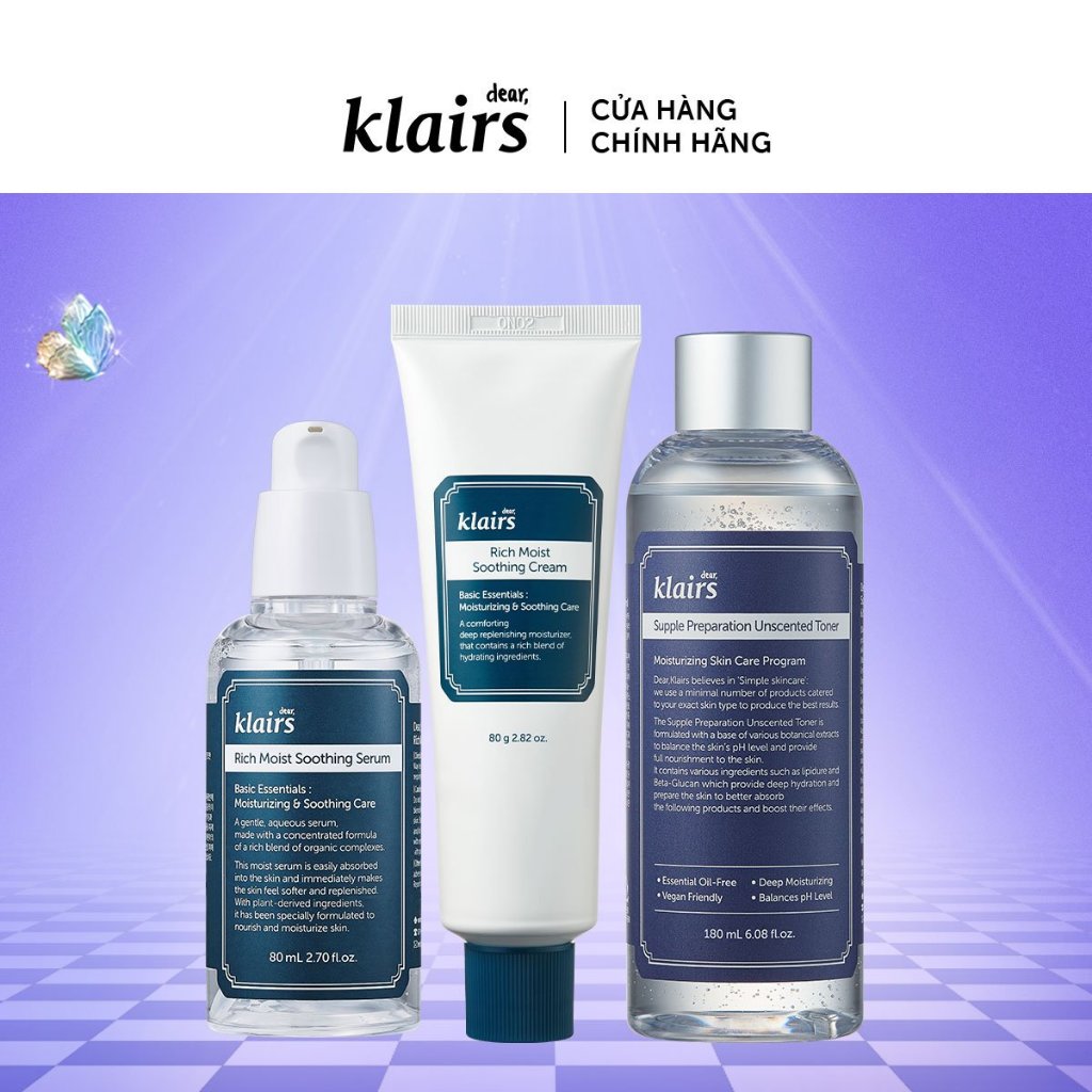 Combo 1 Rich Moist Soothing Serum 80ml +1 Rich Moist Soothing Cream 80g+ Klairs Supple Preparation Unscented Toner 180ml