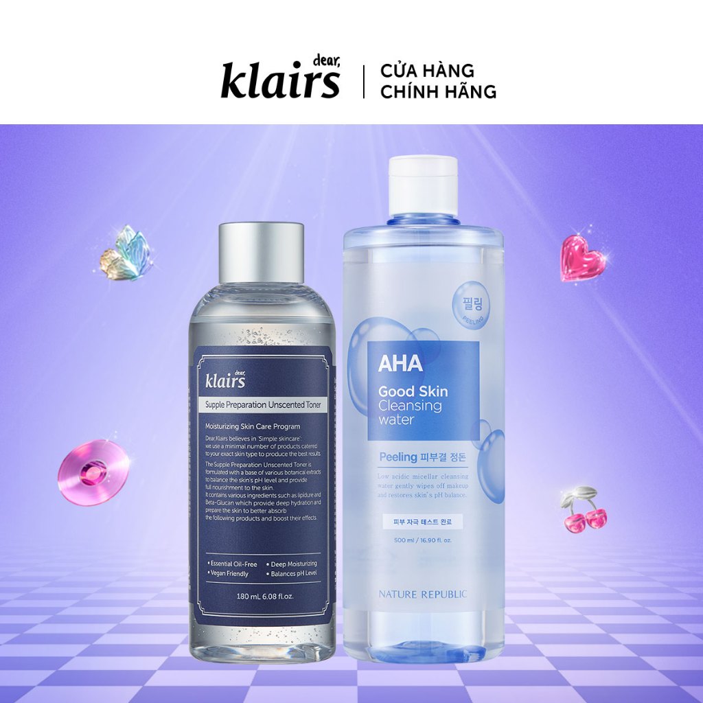 Combo Klairs Supple Preparation Unscented Toner 180ml+Nước tẩy trang Good Skin AHA Ampoule Cleansing Water 500 ml