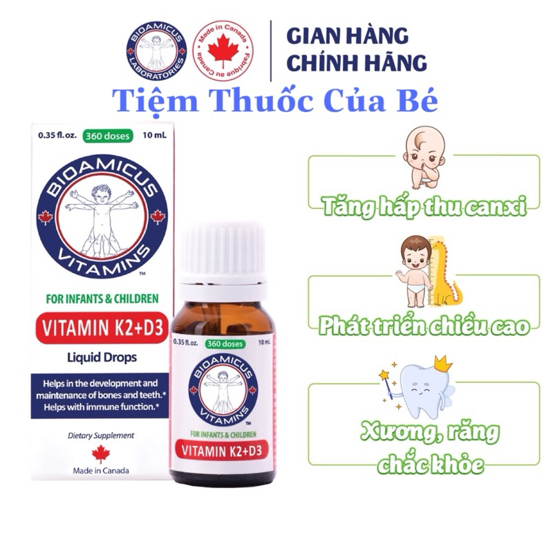 Vitamin D3K2-MK7 BIOAMICUS Bao Kép 10ml, Chính Hãng Có Tem Chống Hàng Giả, Tích Điểm Đổi Quà