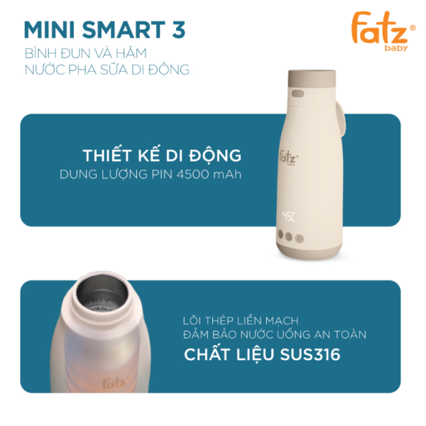 Bình đun và hâm nước pha sữa di động cầm tay MINI SMART 3 - FATZBABY FATZ FB3621FD đun từ 37 - 100 độ và giữ ấm