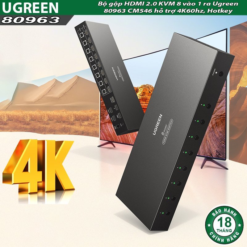 Bộ KVM HDMI 8 in 1 Ugreen 80963 CM546 HDMI 2.0 4K60hz (tặng Kèm 8 dây USB +8 HDMI)