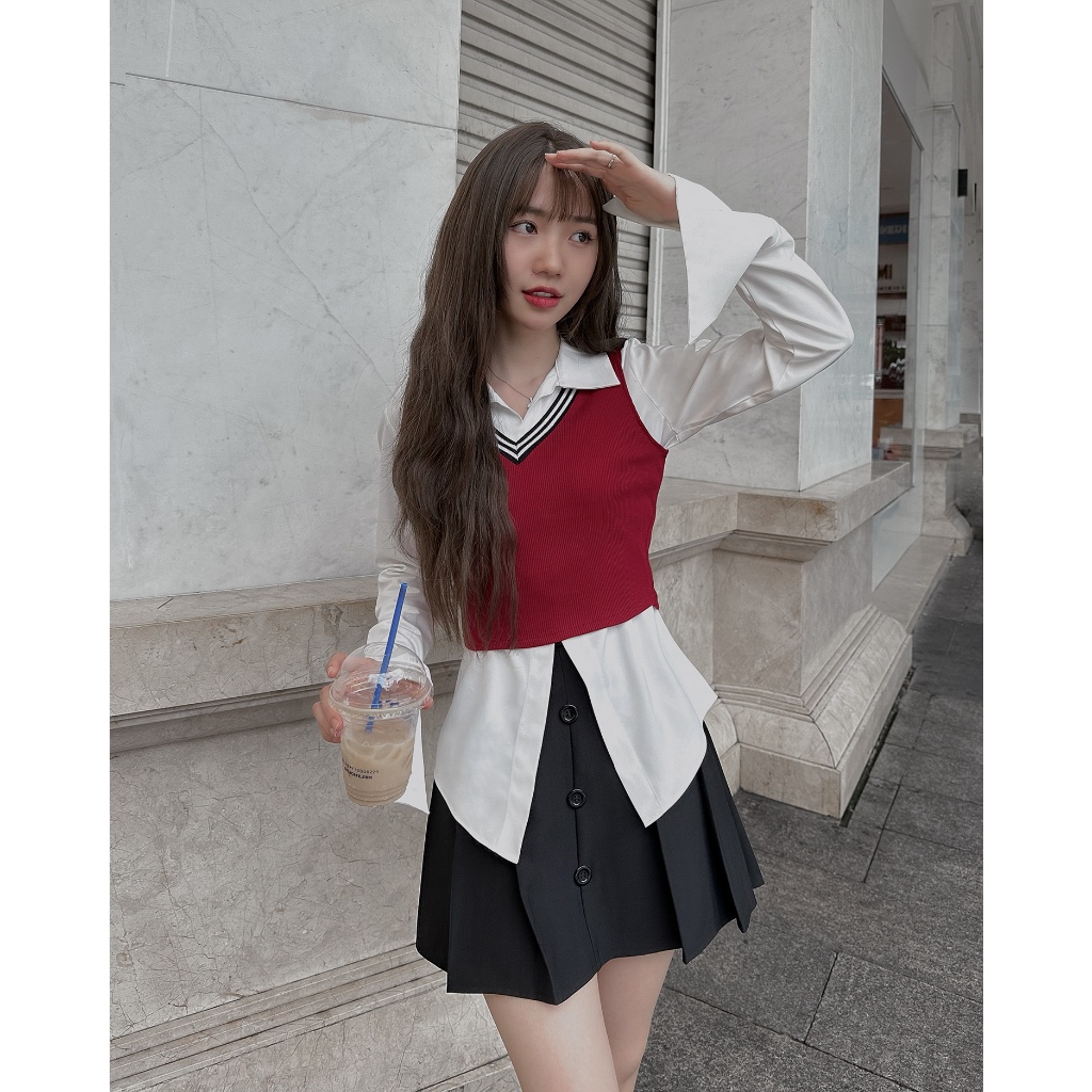 DALLA Áo gile ba lỗ croptop đỏ đô