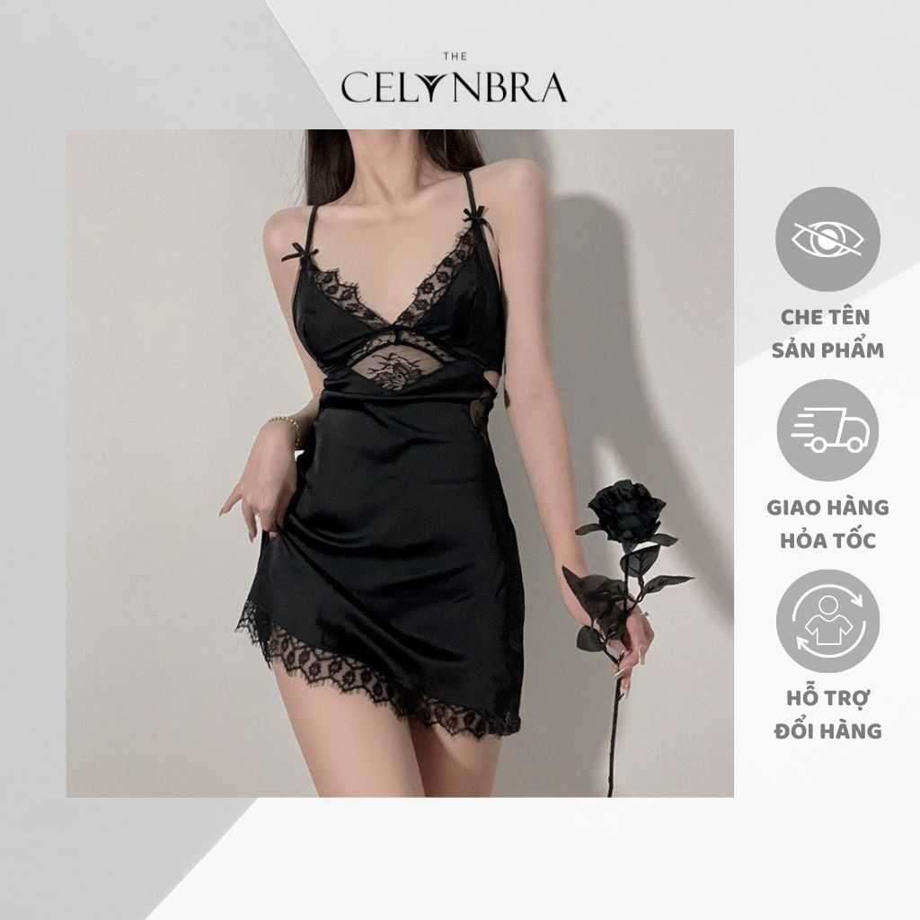 Váy ngủ lụa satin phối ren đính nơ sexy gợi cảm THE CELYNBRA - V107