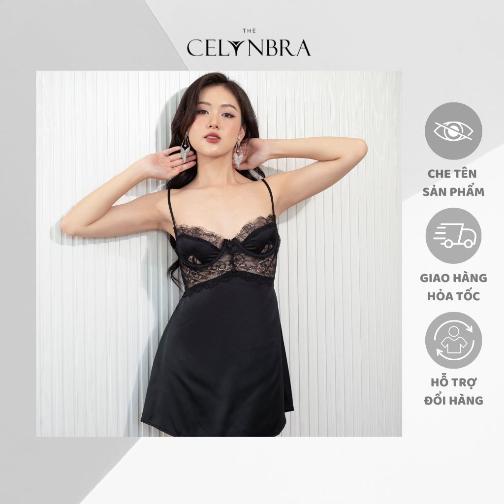Váy ngủ lụa sexy có gọng phối voan ren xuyên thấu gợi cảm THE CELYNBRA - V106