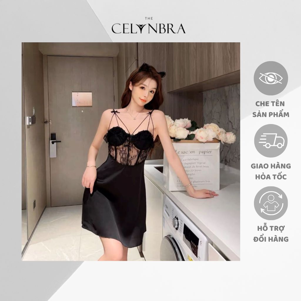 Váy ngủ lụa latin phối ren xuyên thấu có gọng kèm đệm ngực sexy THE CELYNBRA - V100