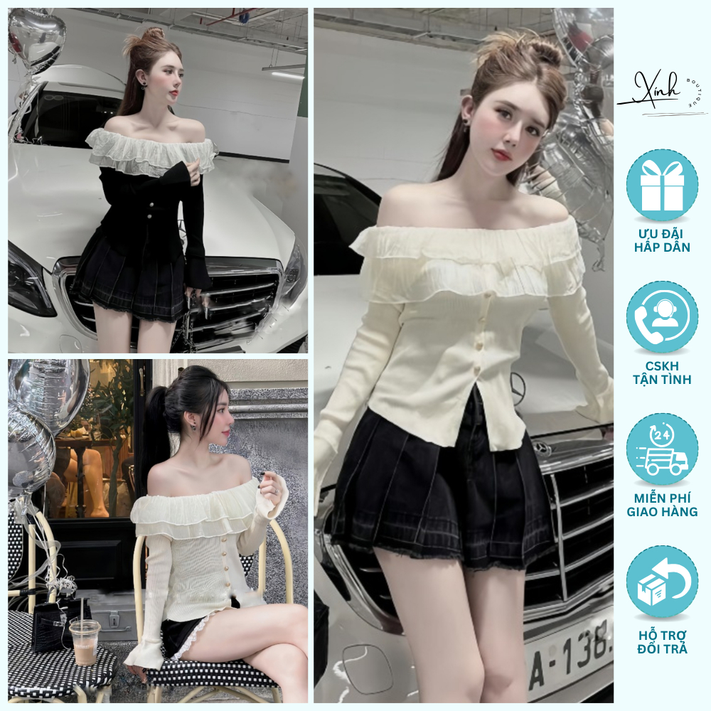 Áo trễ vai viền bèo tay loe phối cúc chất thun gân, áo bánh bèo siêu xinh