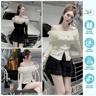 Áo trễ vai viền bèo tay loe phối cúc chất thun gân, áo bánh bèo siêu xinh