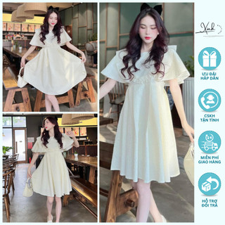 Váy xoè vân xốp cánh rơi viền bèo vai, váy tiểu thư xinh xắn dễ thương