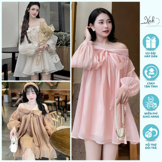 Váy babydoll 2 lớp trễ vai dây thắt nơ ngực tay dài, váy nữ dễ thương xinh xắn