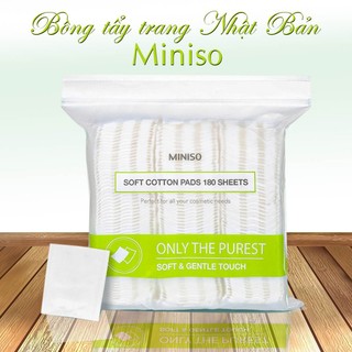 Bông tẩy trang Nhật Bản Miniso, bông tẩy trang 180 miếng vuông, bông tẩy trang 3 lớp siêu mềm, dai, thấm hút tốt