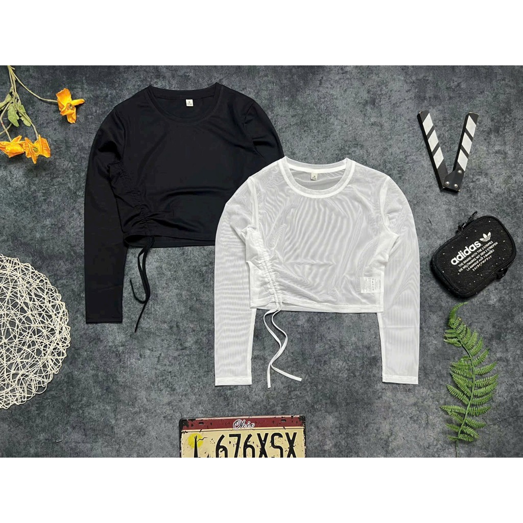 Áo lưới Croptop thể thao dài tay phối rút dây bên sườn, áo lưới tập gym chất thun lưới mềm mịn