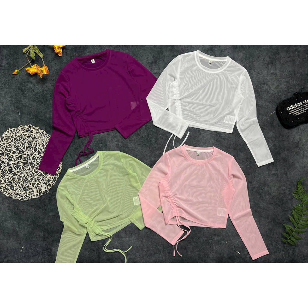 Áo lưới Croptop thể thao dài tay phối rút dây bên sườn, áo lưới tập gym chất thun lưới mềm mịn