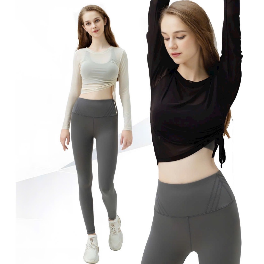 Áo lưới Croptop thể thao dài tay phối rút dây bên sườn, áo lưới tập gym chất thun lưới mềm mịn