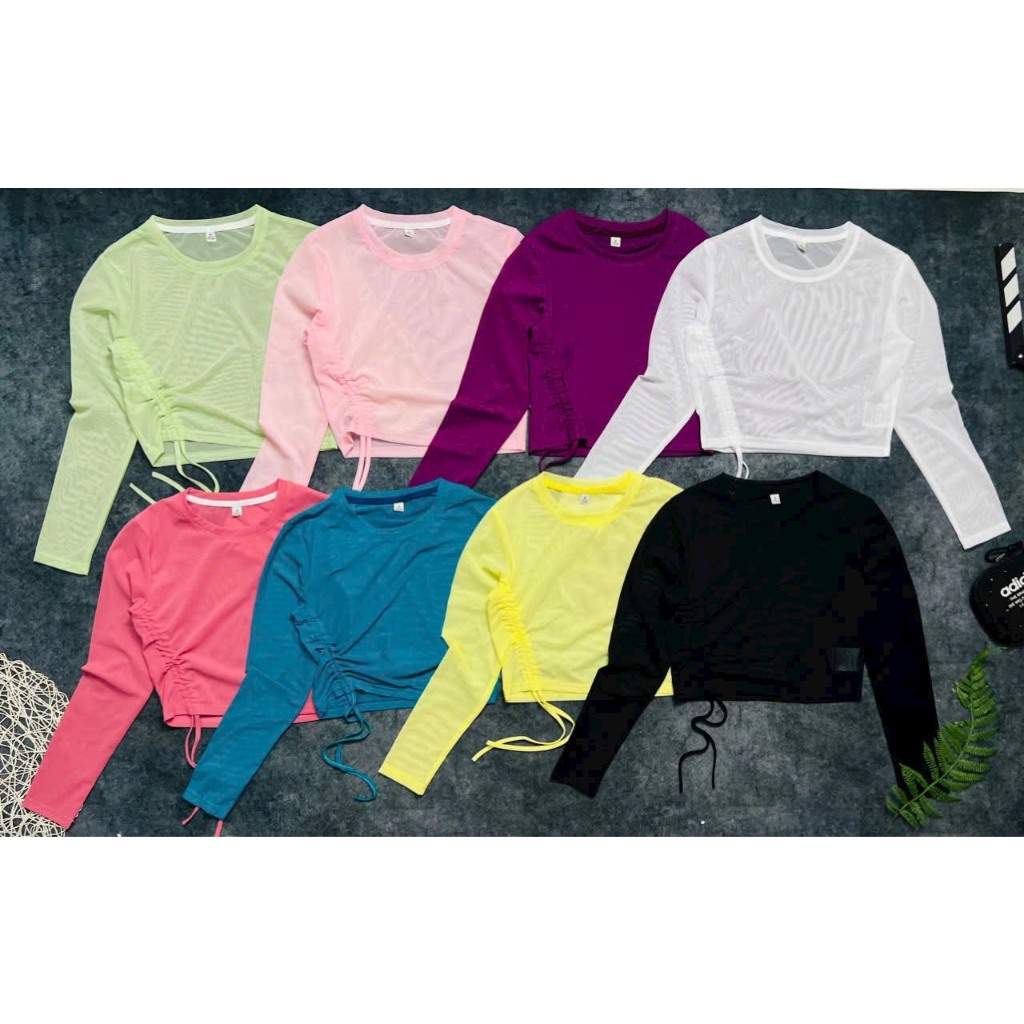 Áo lưới Croptop thể thao dài tay phối rút dây bên sườn, áo lưới tập gym chất thun lưới mềm mịn