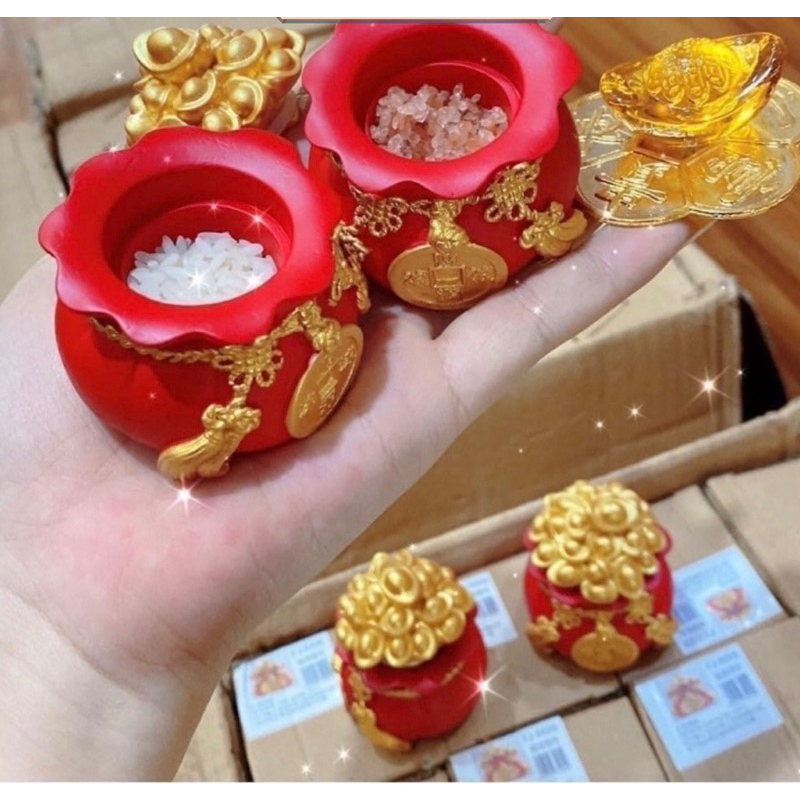 HŨ ĐỰNG MUỐI GẠO TÀI LỘC, TÚI THẦN TÀI MAY MẮN ĐỂ BÀN THỜ TRANG TRÍ NHÀ CỬA CHUN VÀNG CHIÊU THẦN TÀI