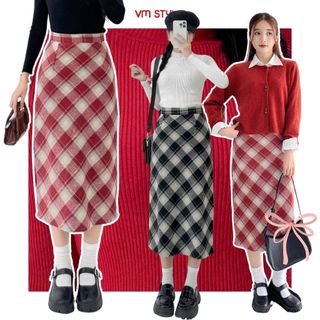 Chân váy dạ dài nữ VMSTYLE cạp cao form chữ A kẻ sọc caro xẻ sau nhiều màu đi chơi Noel, đi chơi Tết 1107 - CVD00096