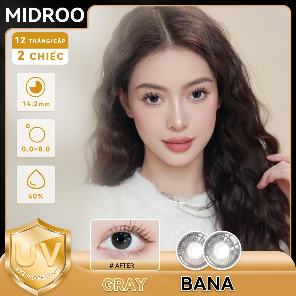 Midroo Lens 1 Cặp (2 chiếc) Bana Xám Dòng kính áp tròng kính 0-8 Độ 14.2mm Sử dụng hàng 1 năm