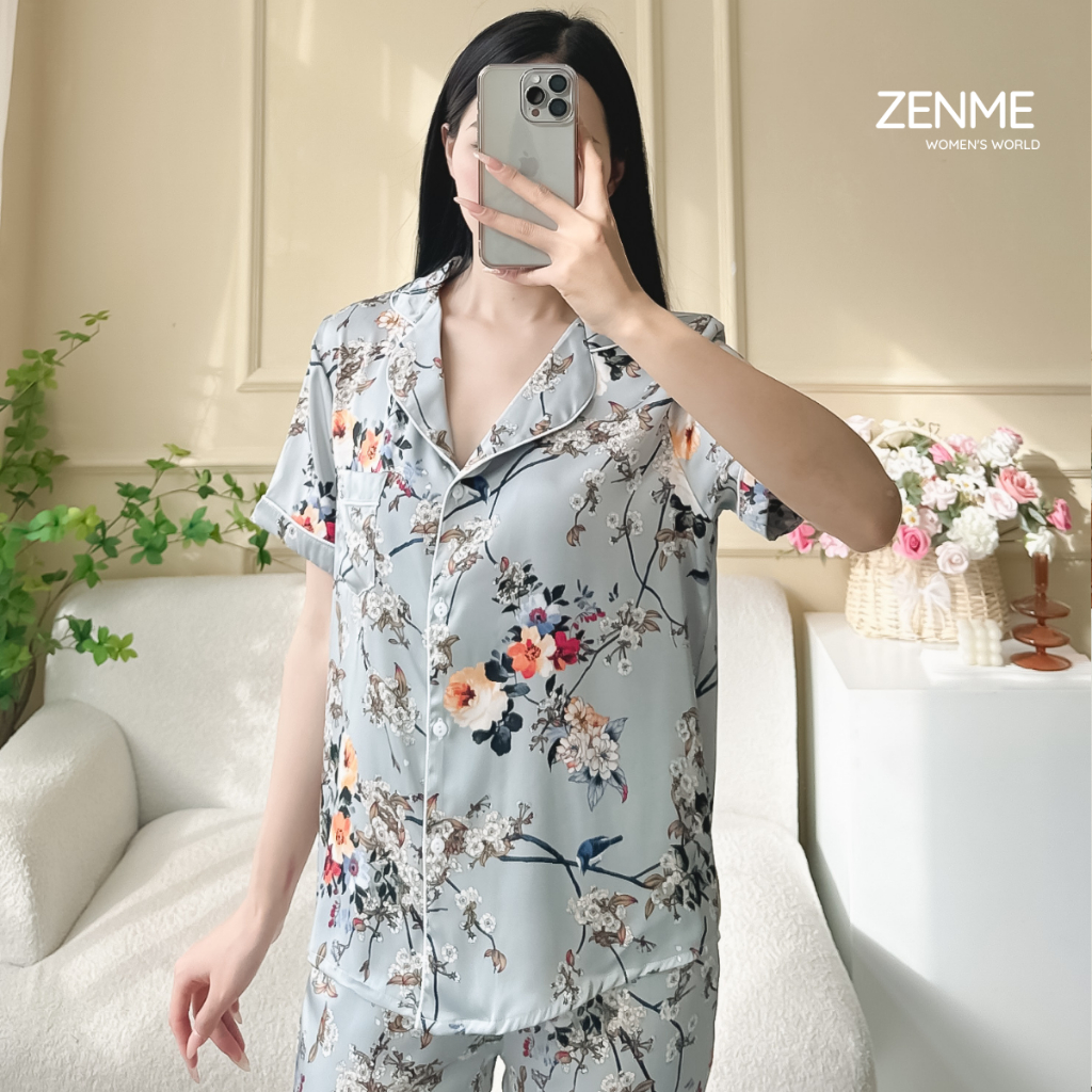 Đồ ngủ lụa latin nữ pijama form rộng Zenme, bộ mặc nhà tay ngắn quần dài thoáng mát, họa tiết hoa PJD1223