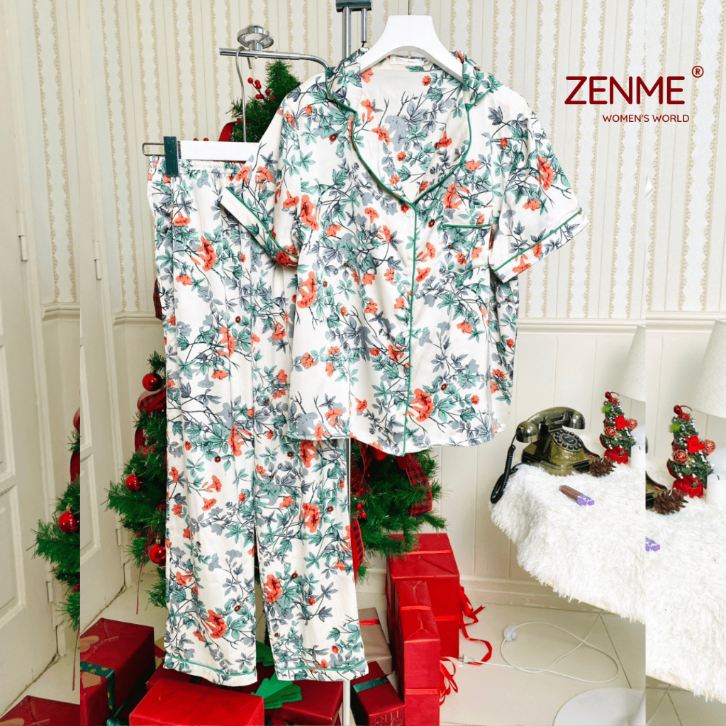 Đồ ngủ lụa latin nữ pijama form rộng Zenme, bộ mặc nhà tay ngắn quần dài thoáng mát, họa tiết hoa PJD1223