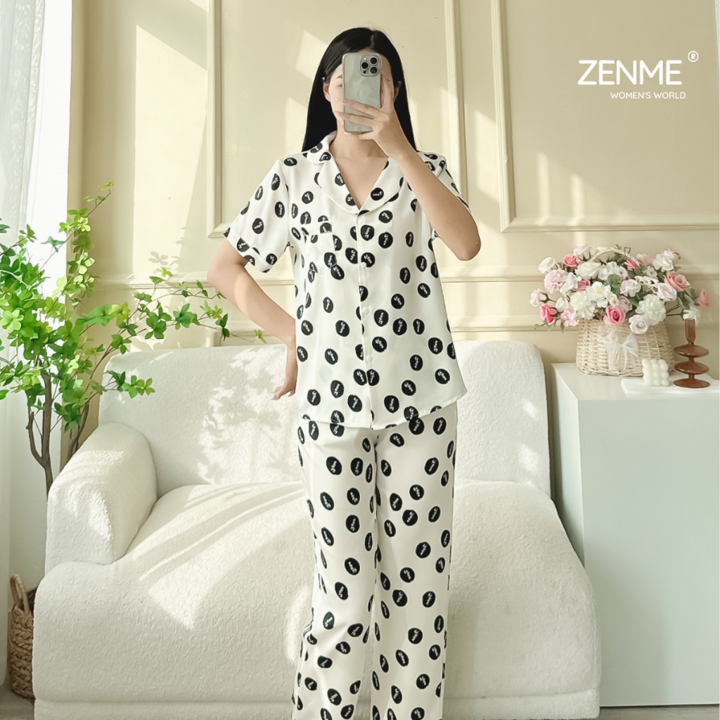 Đồ ngủ lụa latin nữ pijama form rộng Zenme, bộ mặc nhà tay ngắn quần dài thoáng mát, họa tiết hoa PJD1223