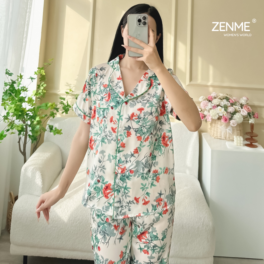 Đồ ngủ lụa latin nữ pijama form rộng Zenme, bộ mặc nhà tay ngắn quần dài thoáng mát, họa tiết hoa PJD1223