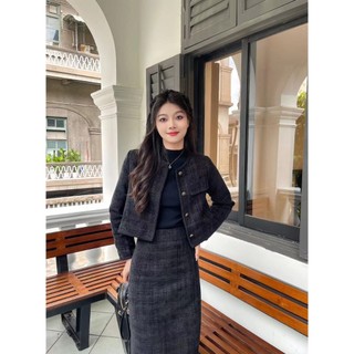 Set bộ áo khoác kèm chân váy dạ tweed hàng quảng châu cao cấp, set dạ nữ