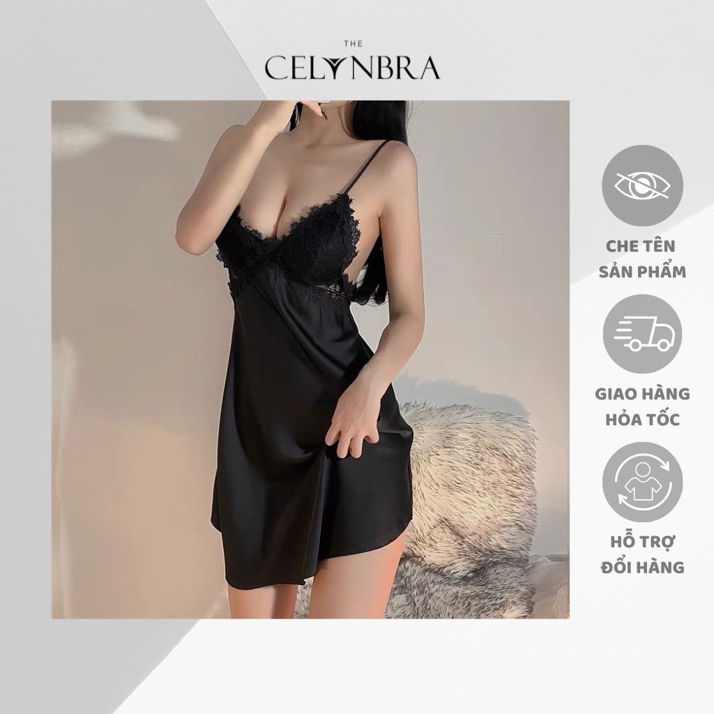 Váy ngủ lụa satin kèm mút phối ren ngực dây đan chéo lưng sexy THE CELYNBRA - V54