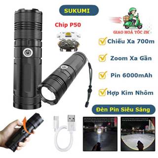 Đèn pin siêu sáng cầm tay 1122 chiếu xa 700m Zoom xa gần chip P50, pin trâu 6000mAh, chống nước sạc ngược điện thoại